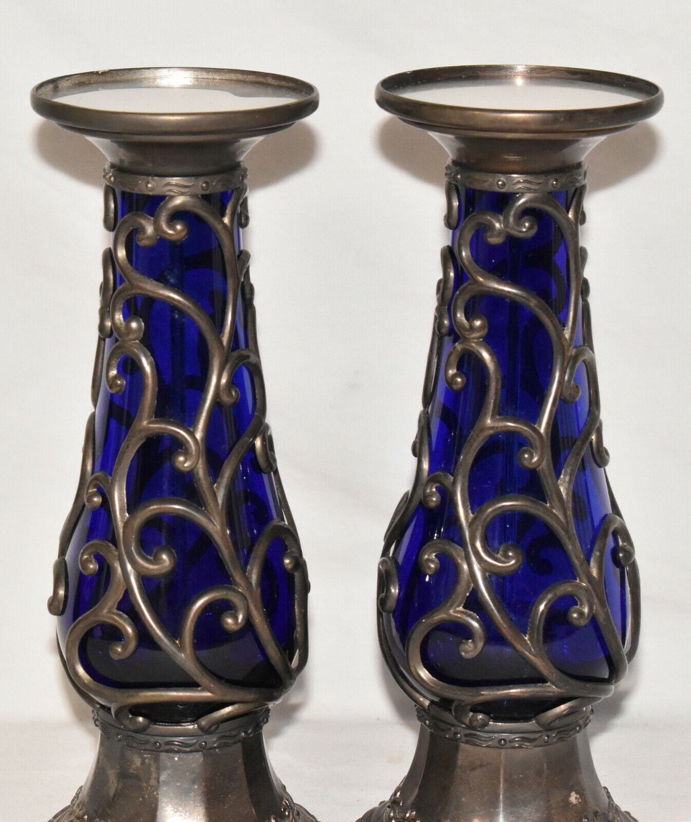 Pr Vintage Cased Glass Candlesticks w Metal 10" Cobalt Blue Pillar Candle Holders