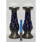 Pr Vintage Cased Glass Candlesticks w Metal 10" Cobalt Blue Pillar Candle Holders