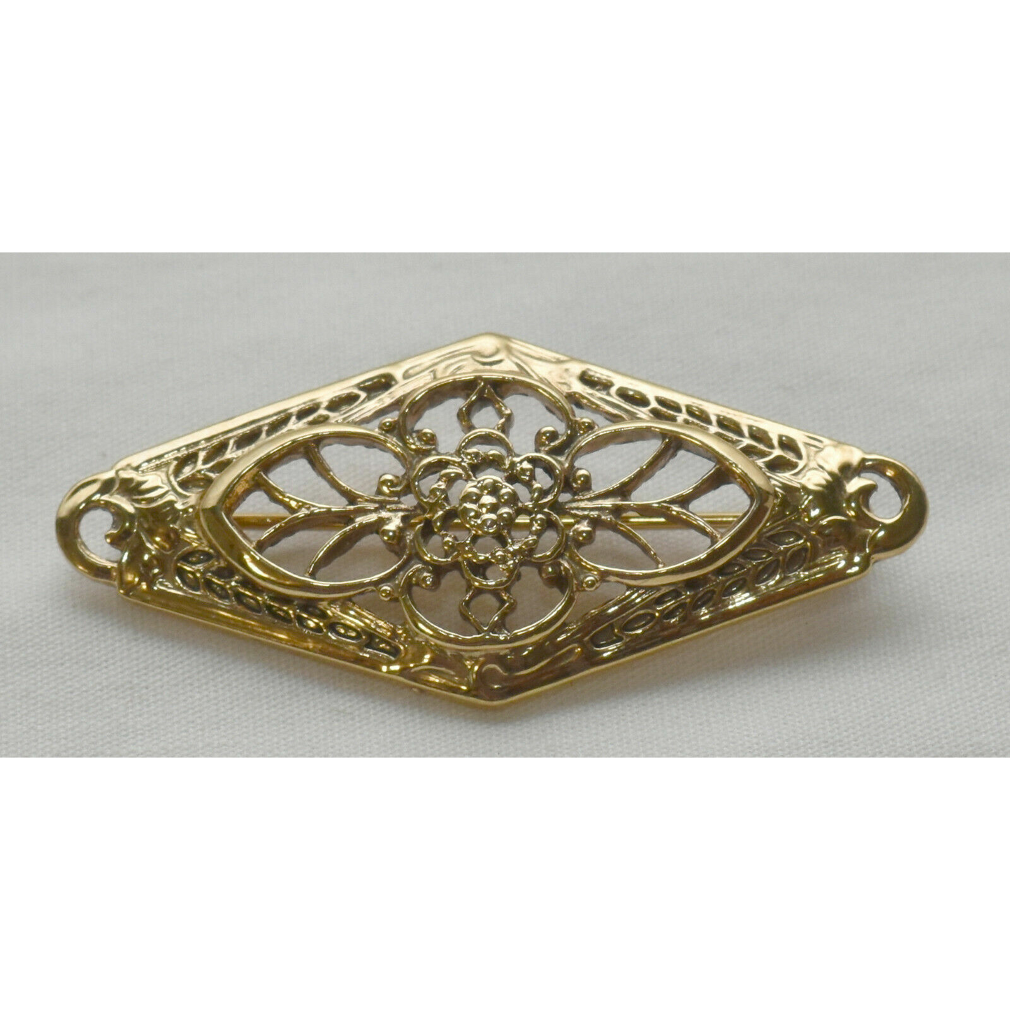Vintage Floral Filigree Pin Brooch Gold Toned Triangular 2" Etched Brooch Mint