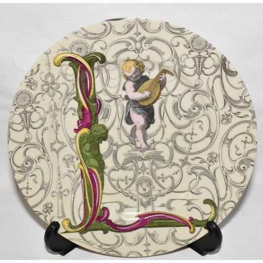 Vintage Fitz and Floyd Plate Love Series "L" Plate Cherub with Instrument Japan