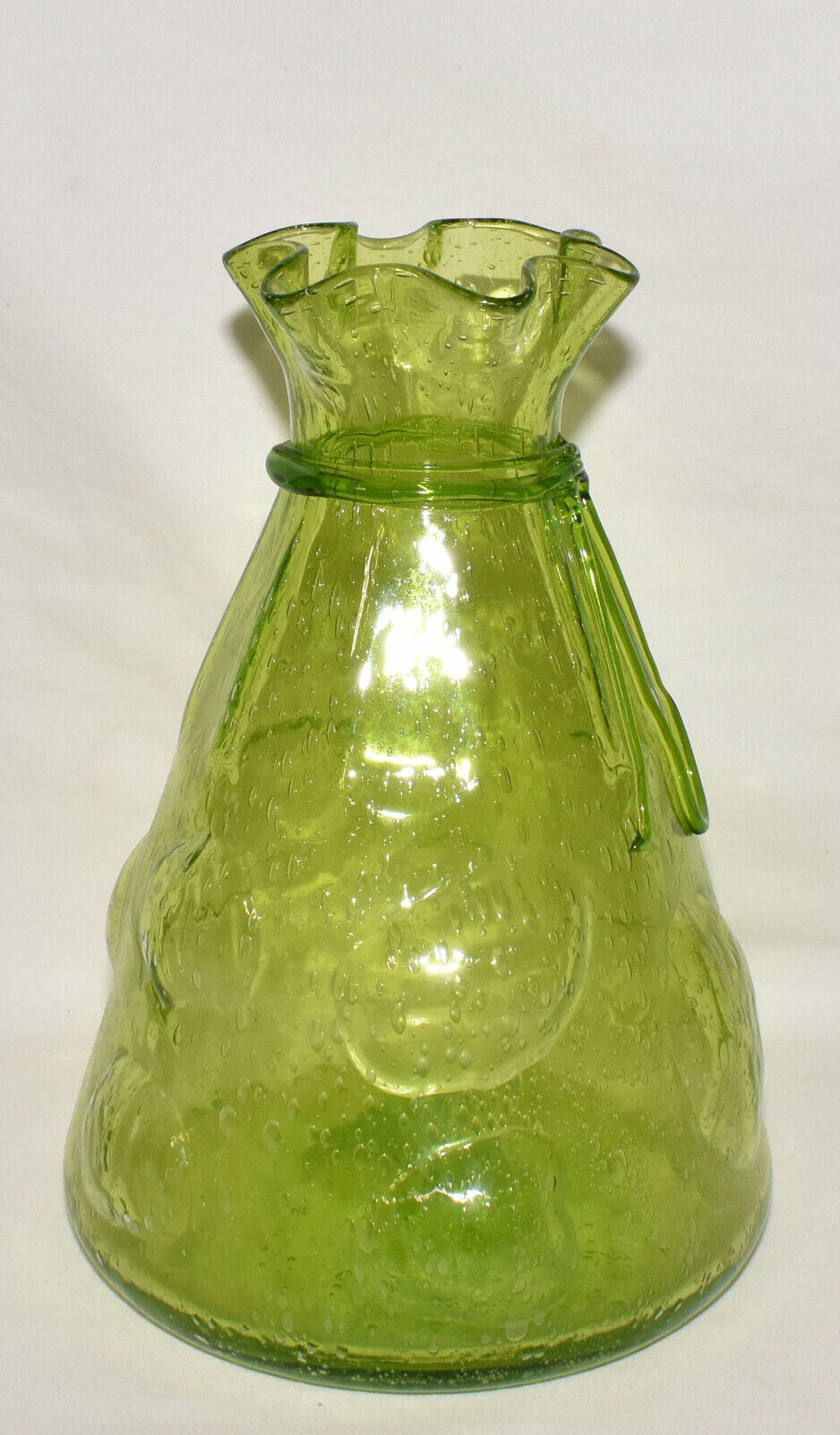 Vintage Hand Blown Art Glass Sack Bag Vase Applied String/Tie Controlled Bubbles