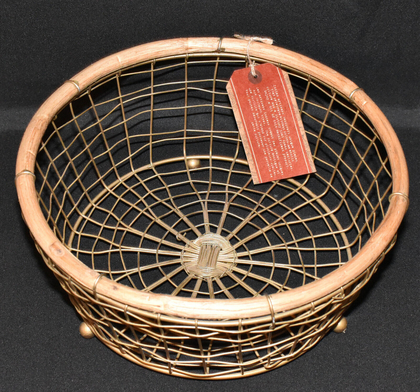 Vintage Handcrafted Basket Metal & Wood 10" Footed Basket Decorative Home Decor