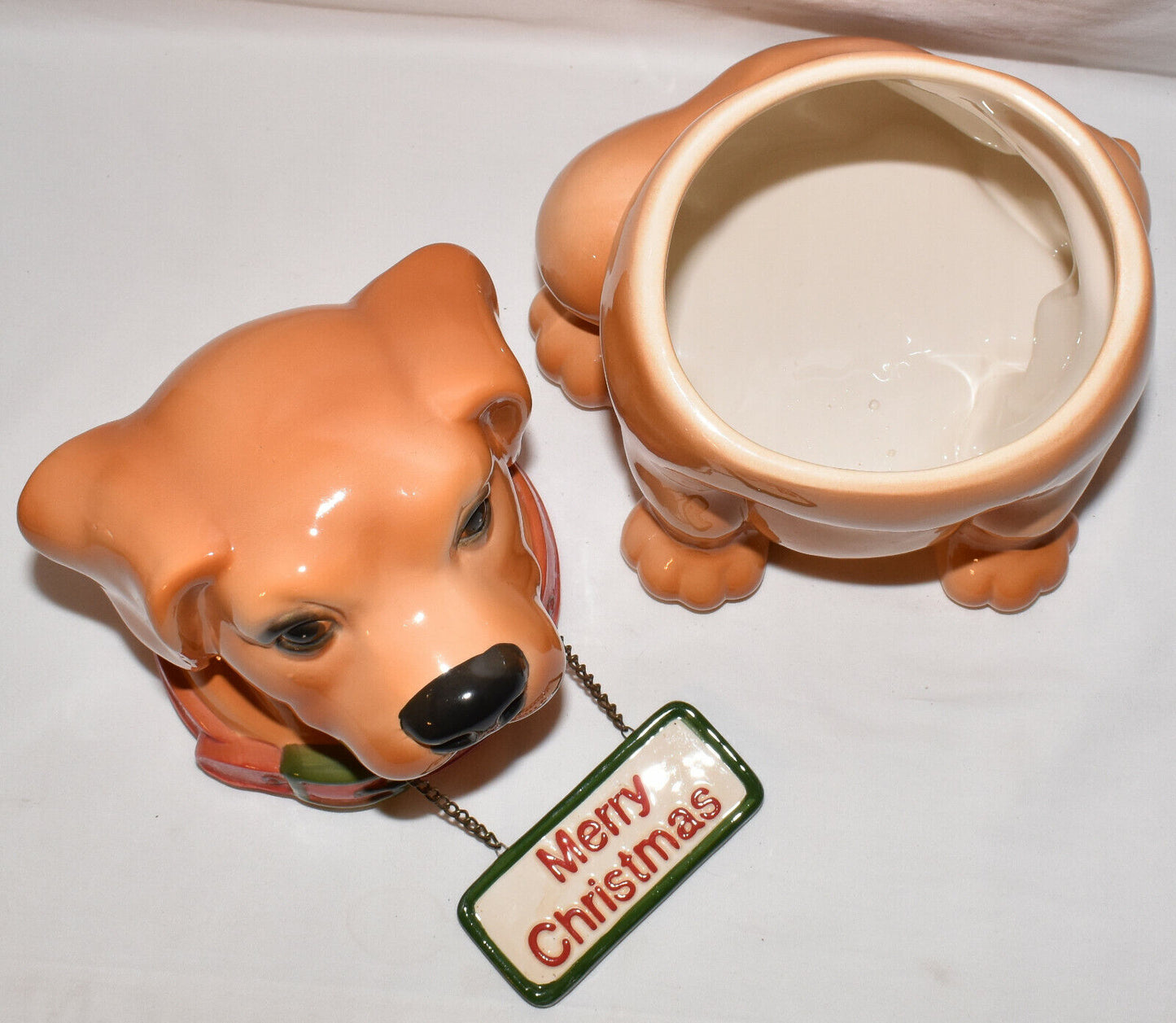 Vintage Yellow Lab Dog Porcelain Cookie Jar Kitchen Canister Dog w Hanging Sign