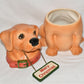 Vintage Yellow Lab Dog Porcelain Cookie Jar Kitchen Canister Dog w Hanging Sign