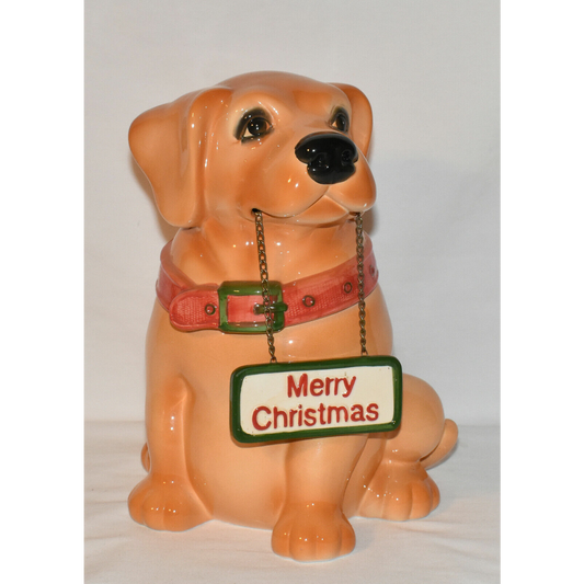 Vintage Yellow Lab Dog Porcelain Cookie Jar Kitchen Canister Dog w Hanging Sign