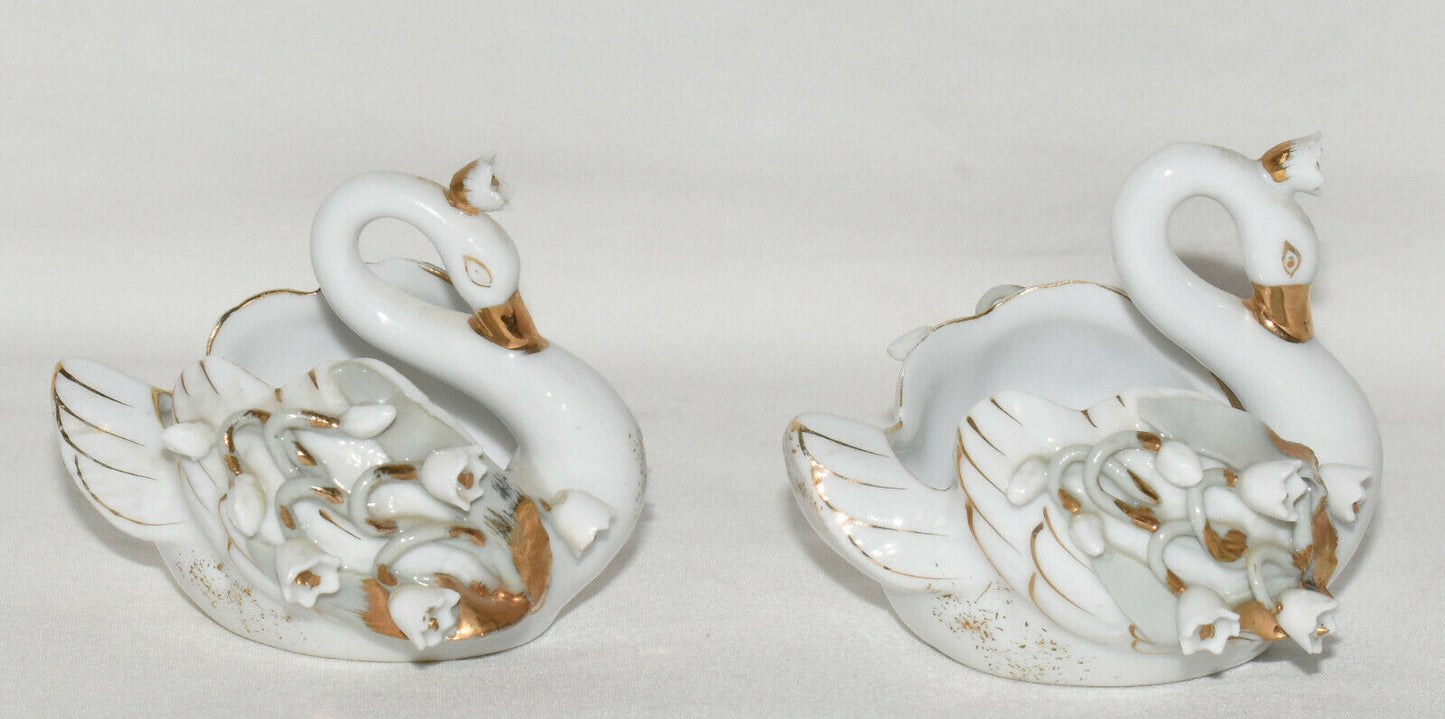 Pair Vintage Lefton China Miniature Floral Swans Birds Hand Painted White Aqua Gold