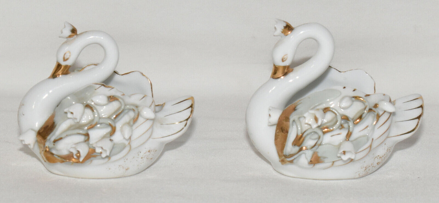 Pair Vintage Lefton China Miniature Floral Swans Birds Hand Painted White Aqua Gold