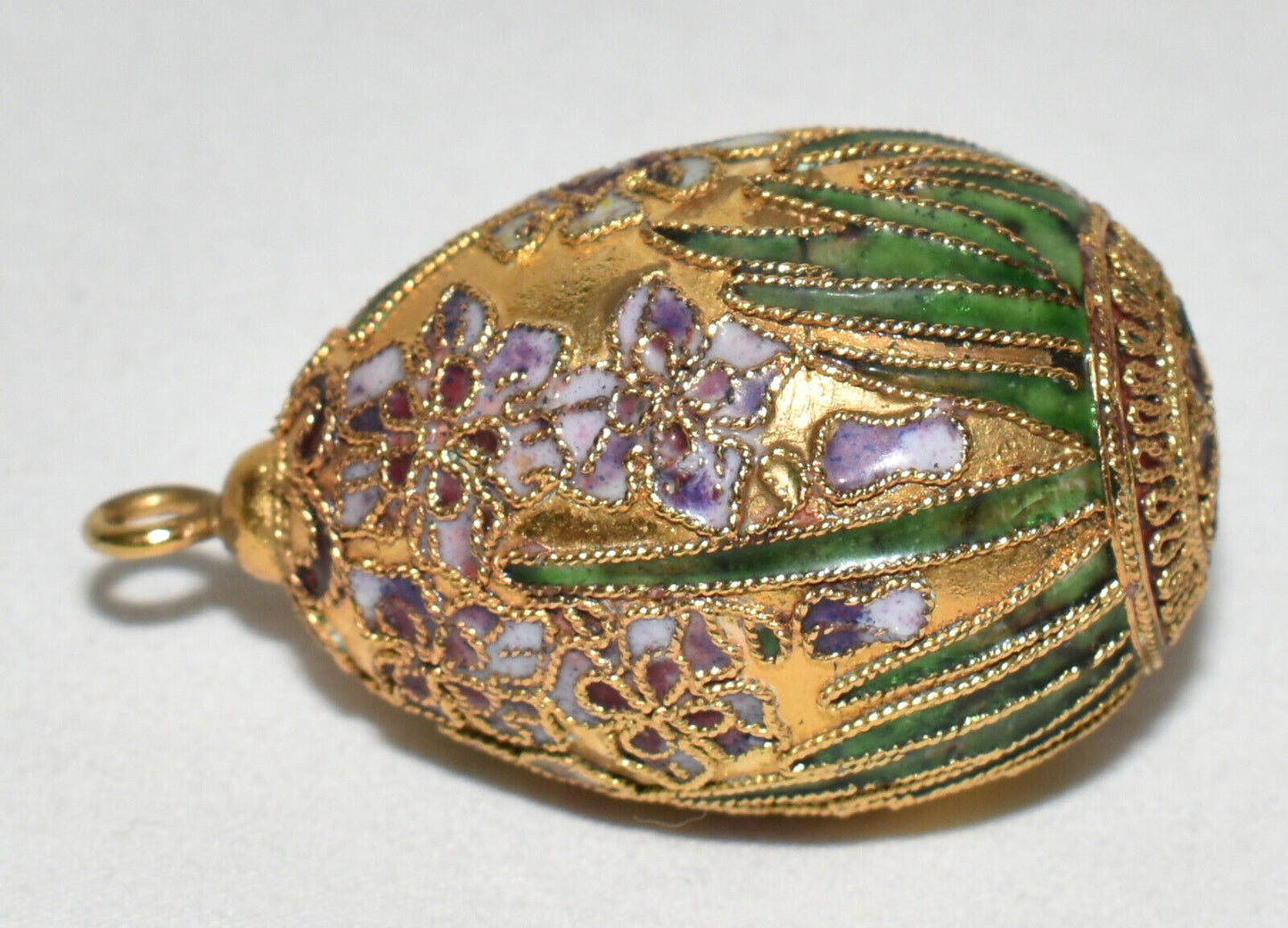 Vintage Chinese Cloisonne Enamel Egg Pendant Highly Gilded Deep Jewel Tone Color