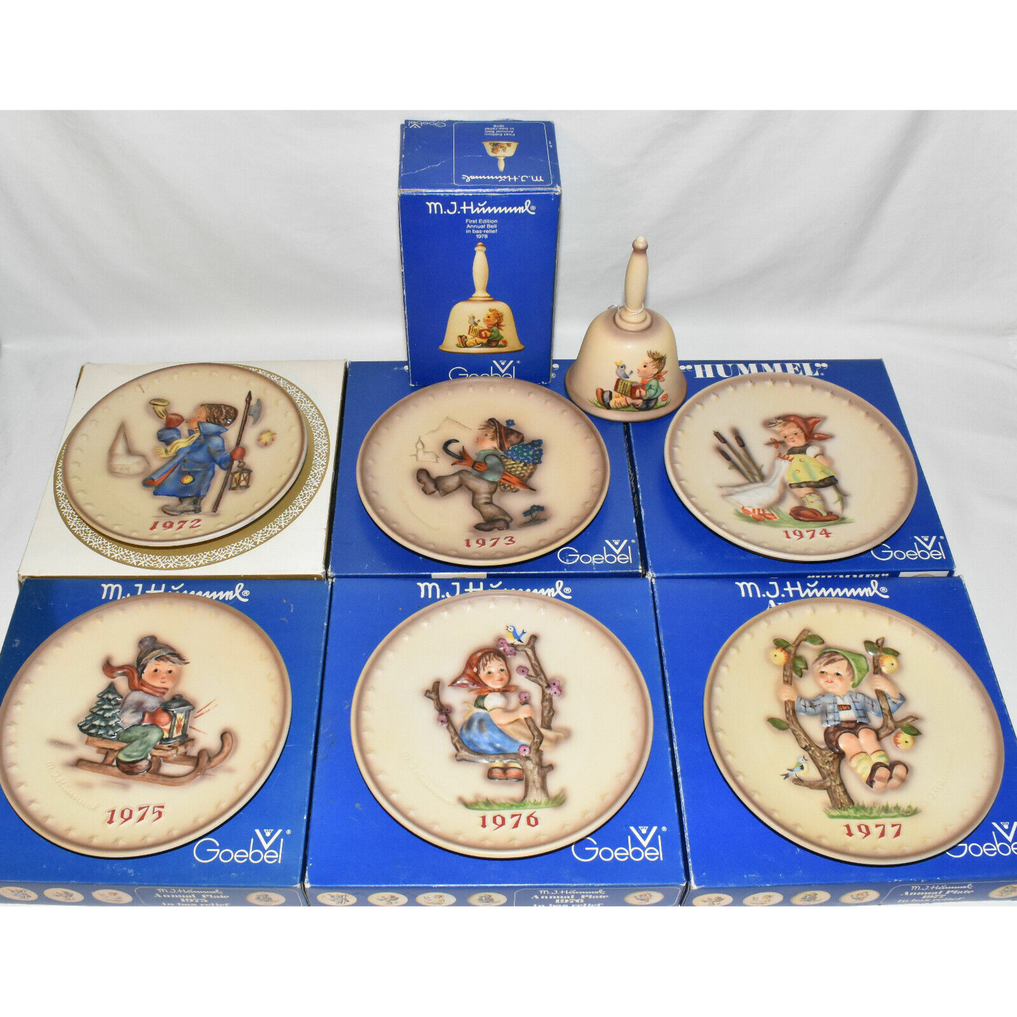 7pc Vintage Set Goebel Hummel Plates 6 Bell 1 Hand Painted Porcelain Bas Relief