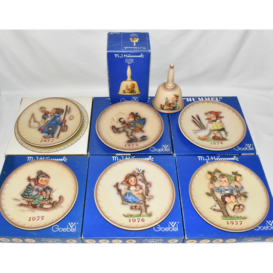 7pc Vintage Set Goebel Hummel Plates 6 Bell 1 Hand Painted Porcelain Bas Relief