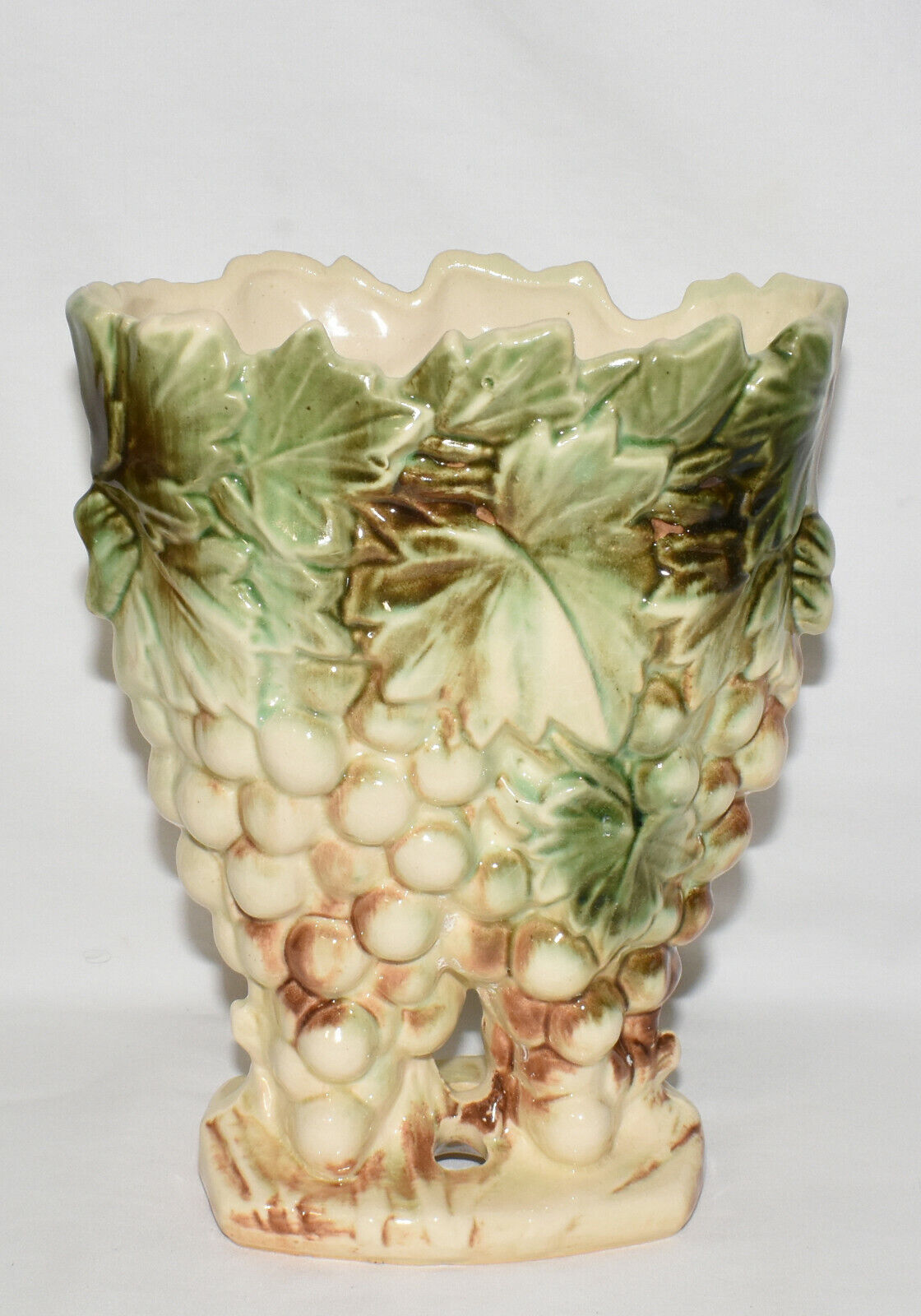 Vintage 1950s McCoy Art Pottery Vase Brown Green Cream Grape & Leaf Jagged Edge Vase