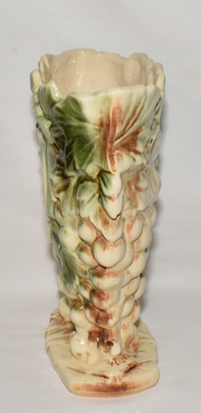 Vintage 1950s McCoy Art Pottery Vase Brown Green Cream Grape & Leaf Jagged Edge Vase