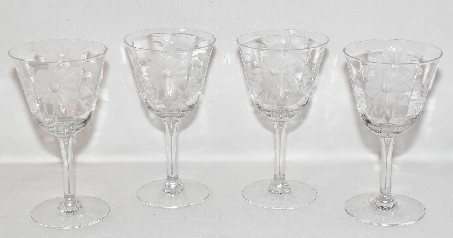 Vintage 4pc Set Elegant Crystal Glass Cordials Liqueur Stemware Etched Glass