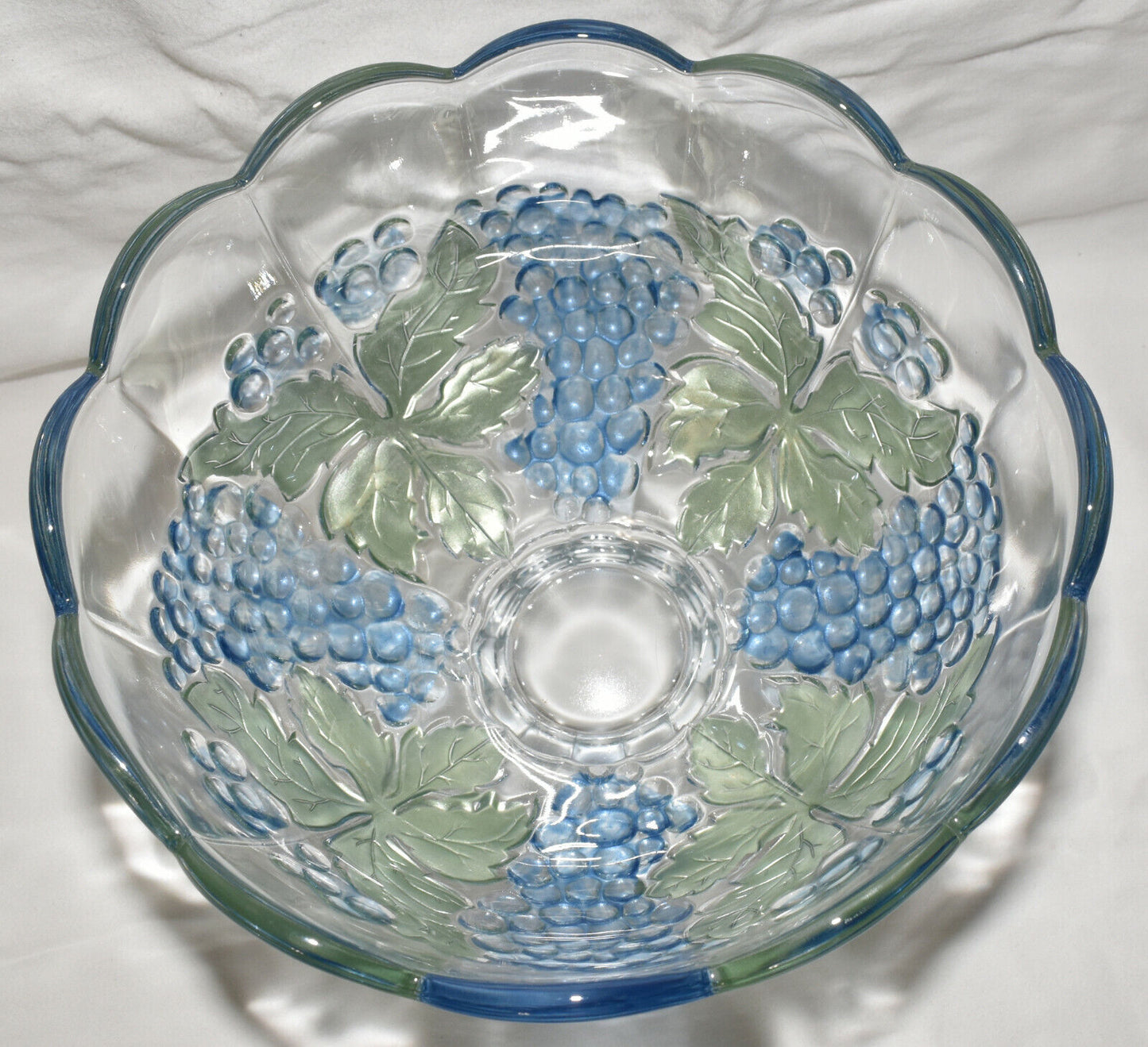 Large Vintage Crystal Bowl Embossed Paneled Grape & Leaf Colored Glass Pedestal Bowl