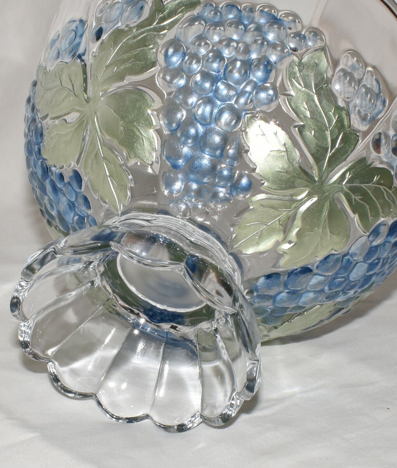Large Vintage Crystal Bowl Embossed Paneled Grape & Leaf Colored Glass Pedestal Bowl