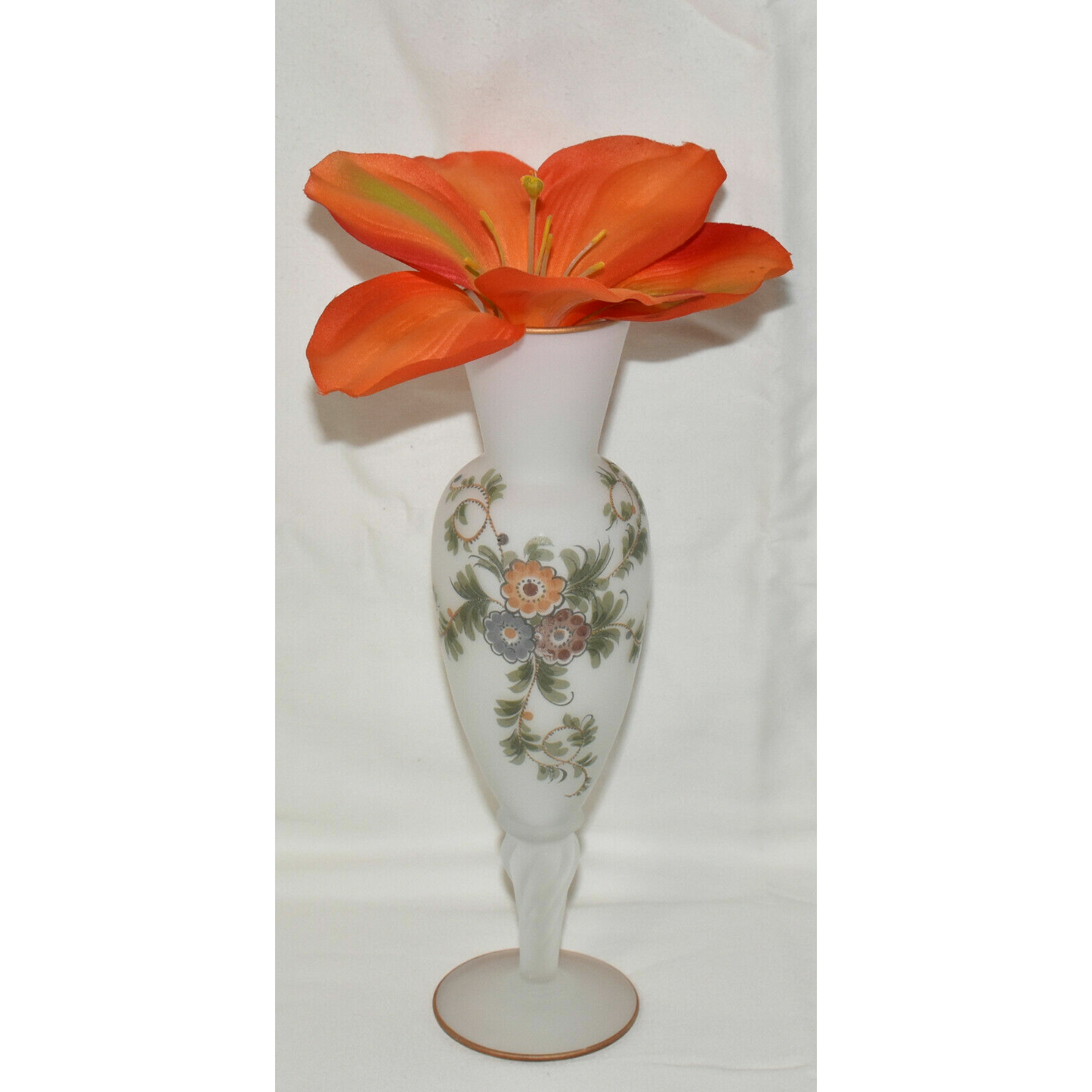 Vintage Frosted Encased Glass Bud Vase White Frosted Glass Floral Motif Hand Painted