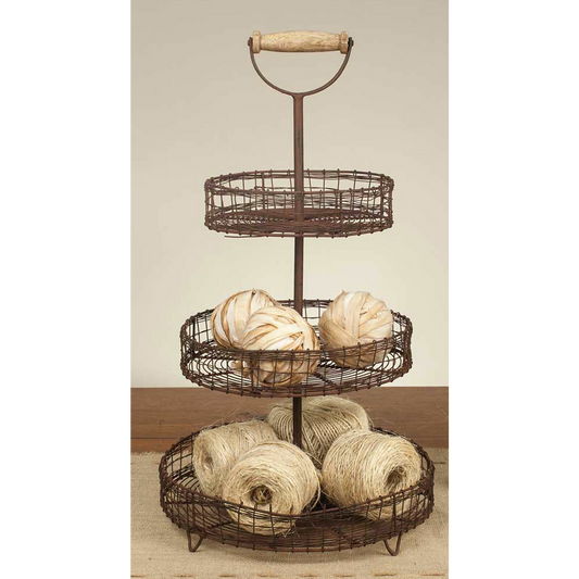 Three Tier Wire Basket Stand Display Wooden Handle Rustic Country Home Decor