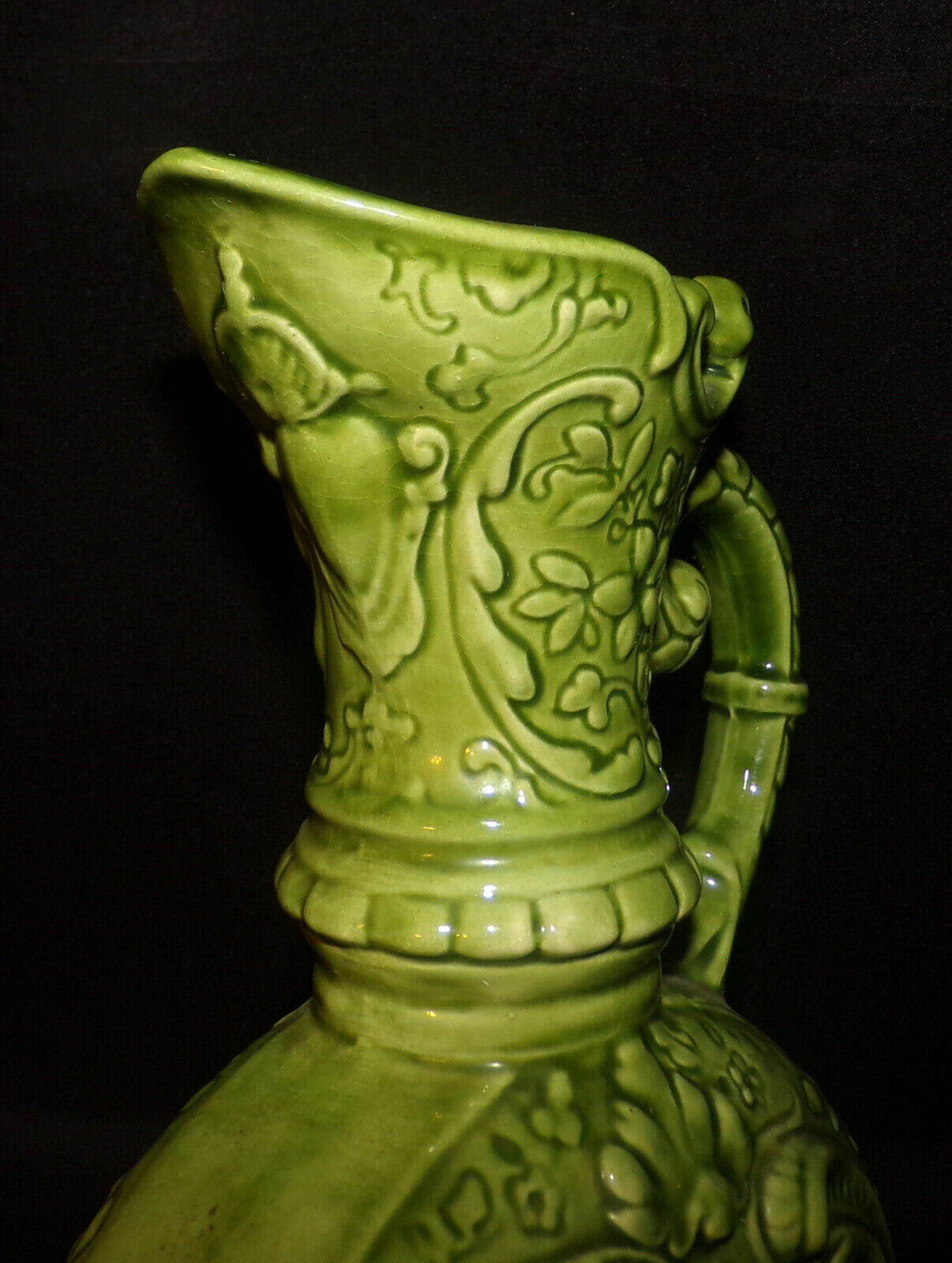 Vintage German Moon Flask Ewer Pitcher Green Porcelain Ewer Embossed Scenes Mint