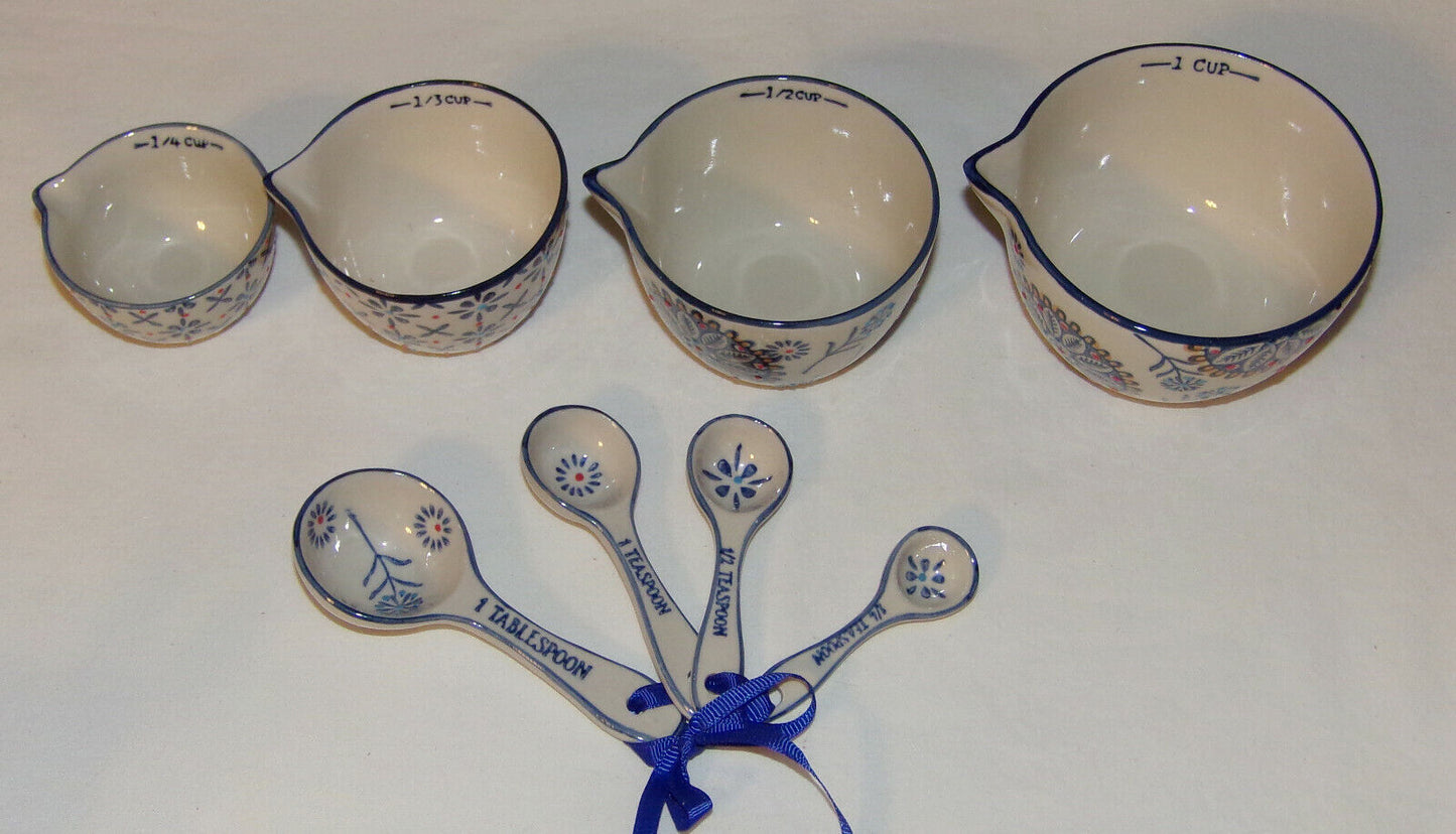 Measuring Cups & Spoons Hand Stamped Stoneware Pottery Blue Floral Print New 8pc