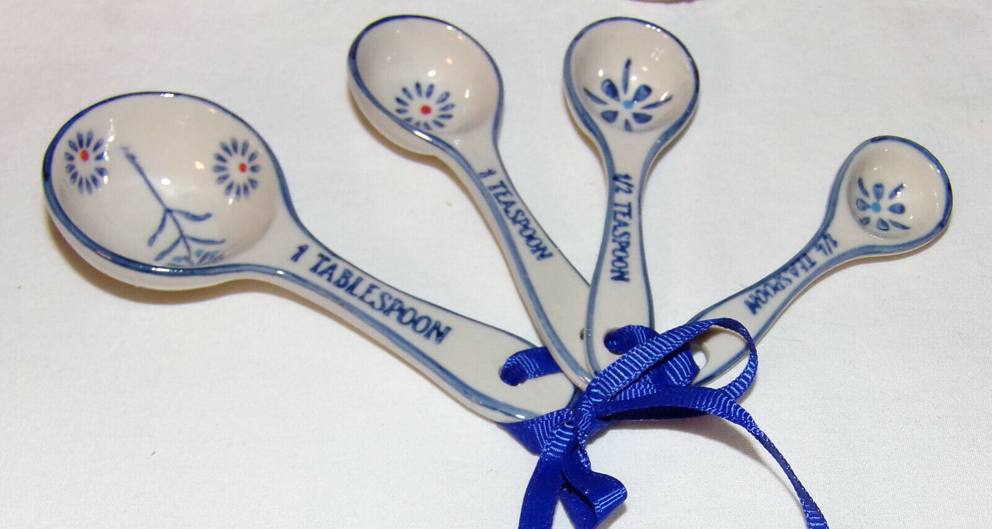 Measuring Cups & Spoons Hand Stamped Stoneware Pottery Blue Floral Print New 8pc