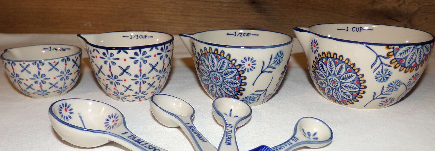 Measuring Cups & Spoons Hand Stamped Stoneware Pottery Blue Floral Print New 8pc