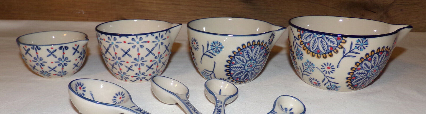 Measuring Cups & Spoons Hand Stamped Stoneware Pottery Blue Floral Print New 8pc