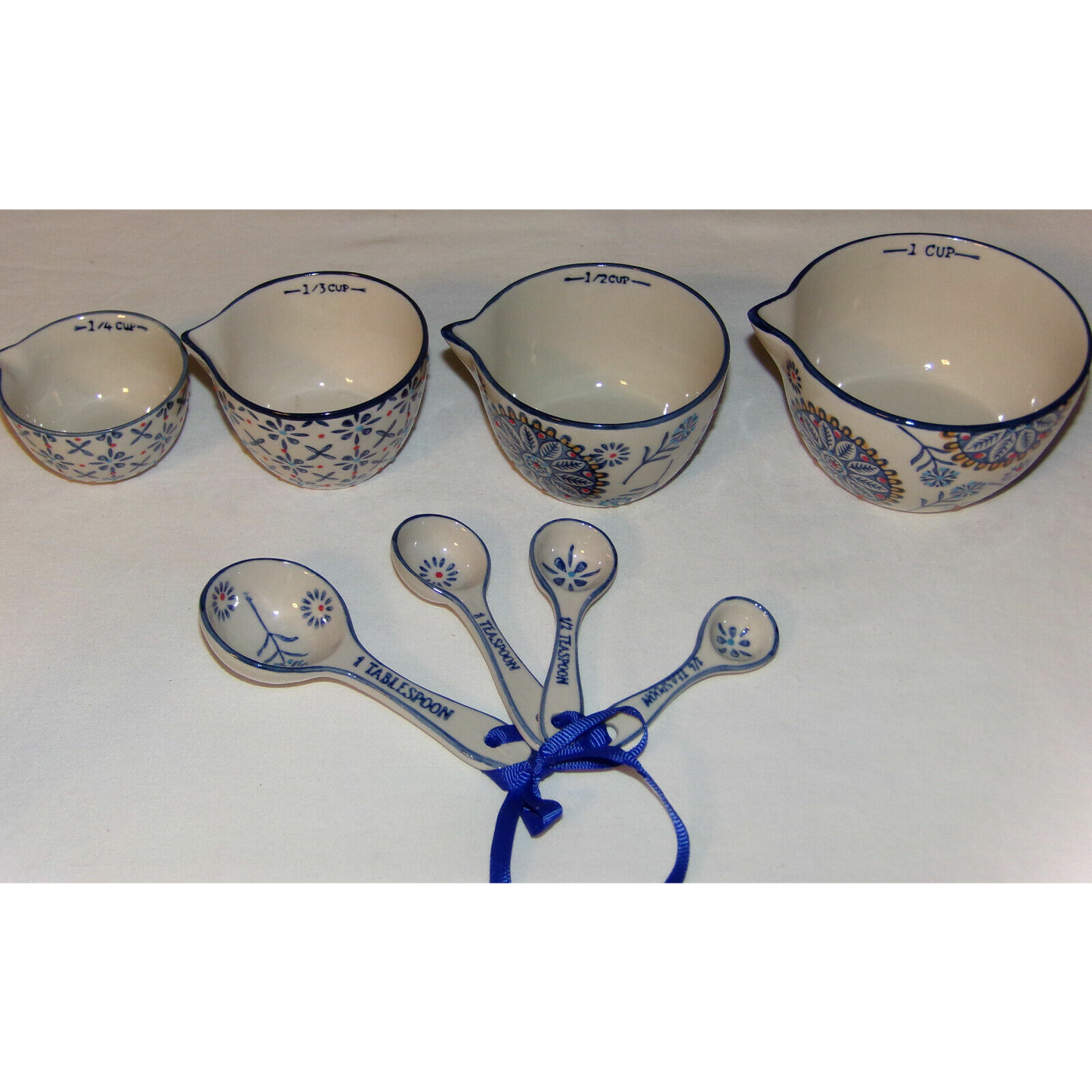 Measuring Cups & Spoons Hand Stamped Stoneware Pottery Blue Floral Print New 8pc