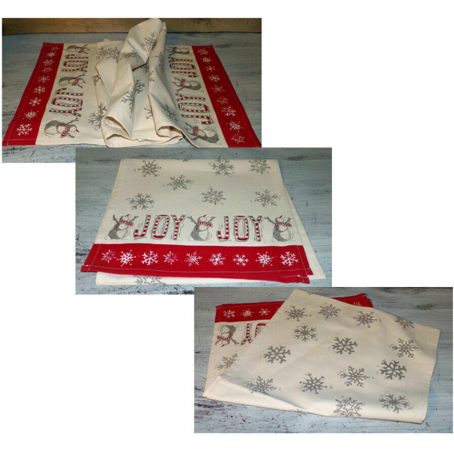 Christmas Table Runner 56" Joy Snowflake Snowman Red Khaki Silver Table Decor