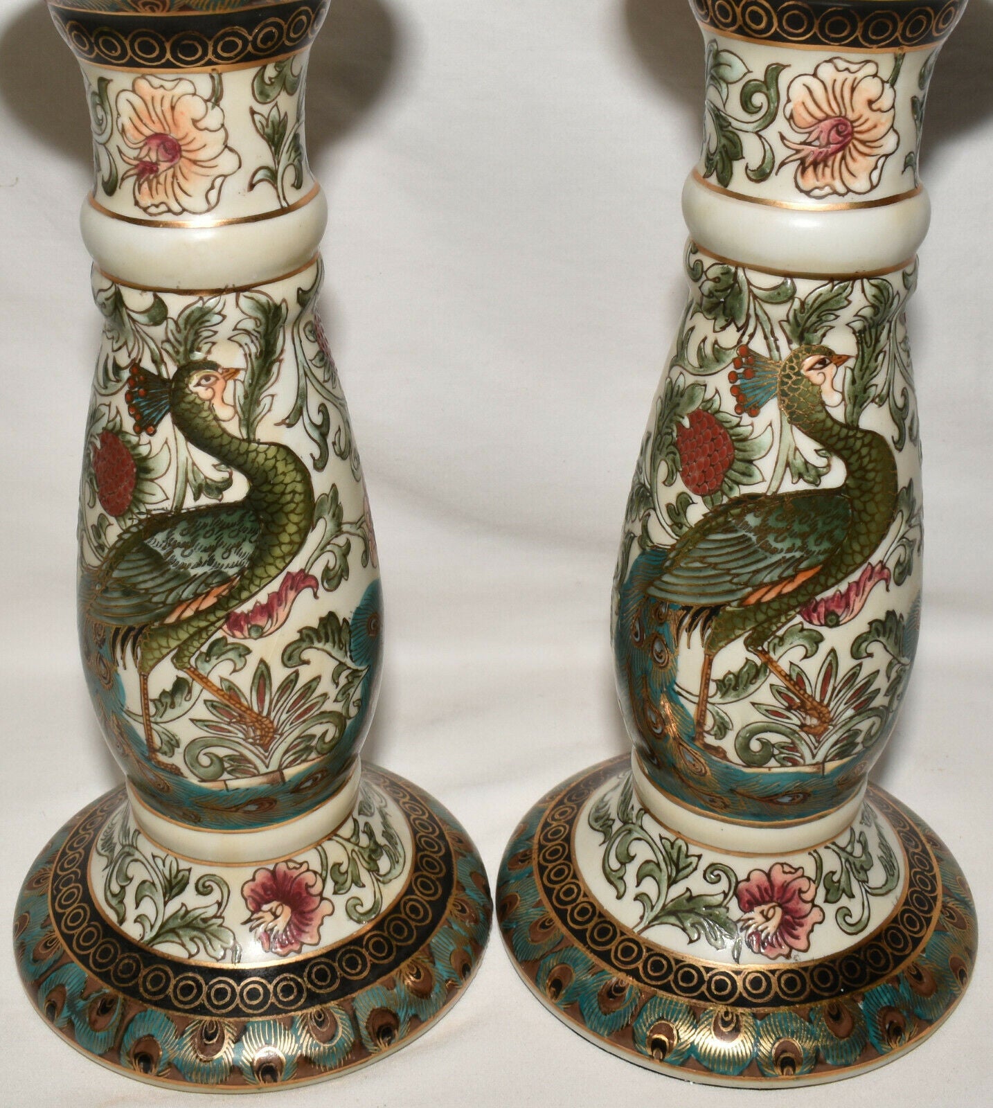 Pair Vintage Asian Cloisonne Enamel Candle Holders w Peacocks 9.75" Candle Stands