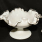 2 Vintage White Milk Glass Compotes 6.75" Open Candy Dish w Crimped Clear Glass Rims