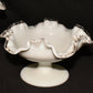 2 Vintage White Milk Glass Compotes 6.75" Open Candy Dish w Crimped Clear Glass Rims