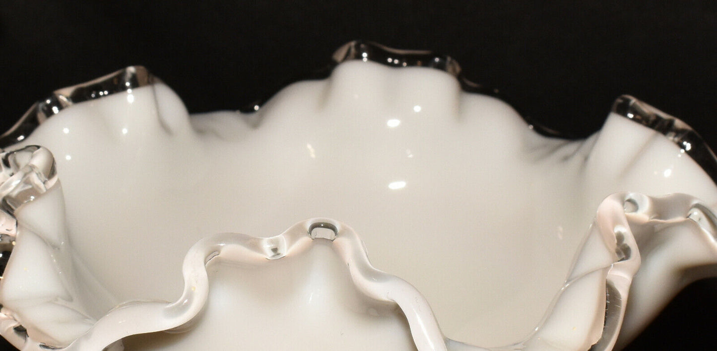 2 Vintage White Milk Glass Compotes 6.75" Open Candy Dish w Crimped Clear Glass Rims