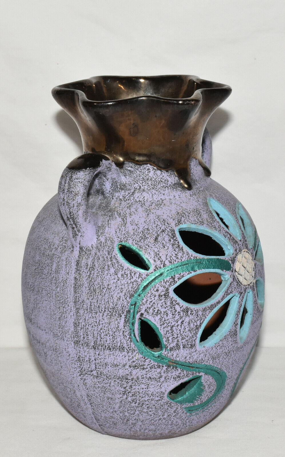 Vintage Mexican Pottery Vase Flower Cutout 8.75" Purple Copper Glazed Flwr Vase
