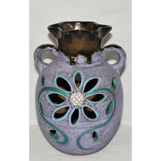 Vintage Mexican Pottery Vase Flower Cutout 8.75" Purple Copper Glazed Flwr Vase