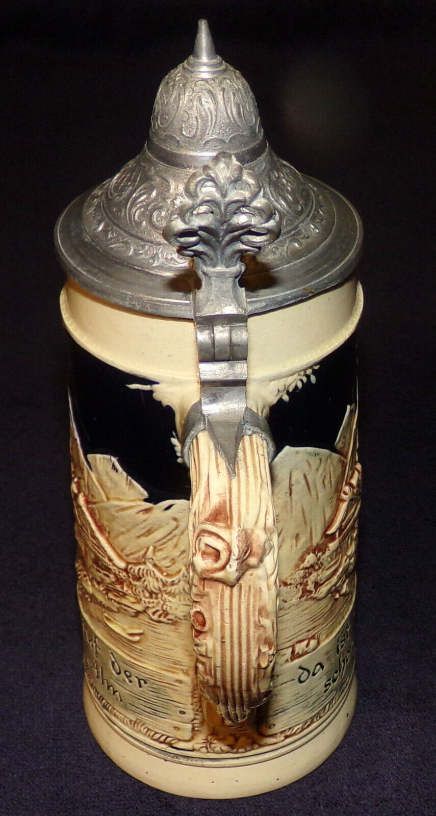 Vintage German Beer Stein with Relief Lidded Stein On The Mountain Scenes Mint