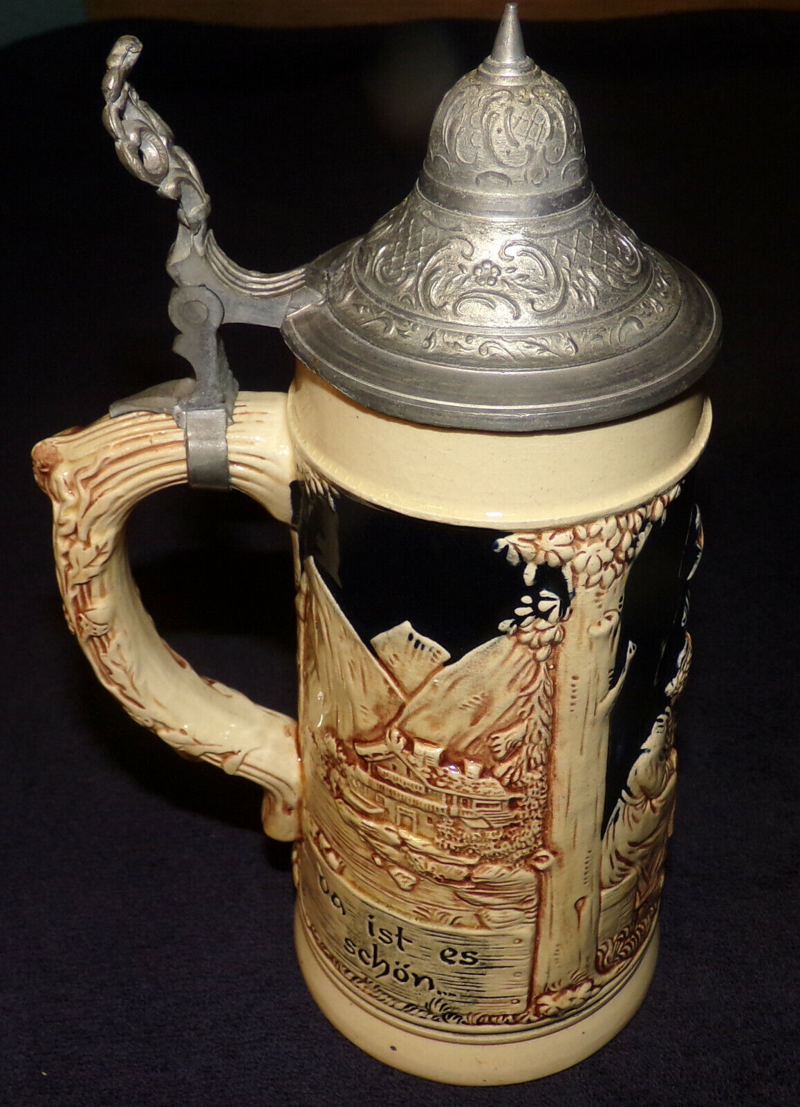 Vintage German Beer Stein with Relief Lidded Stein On The Mountain Scenes Mint