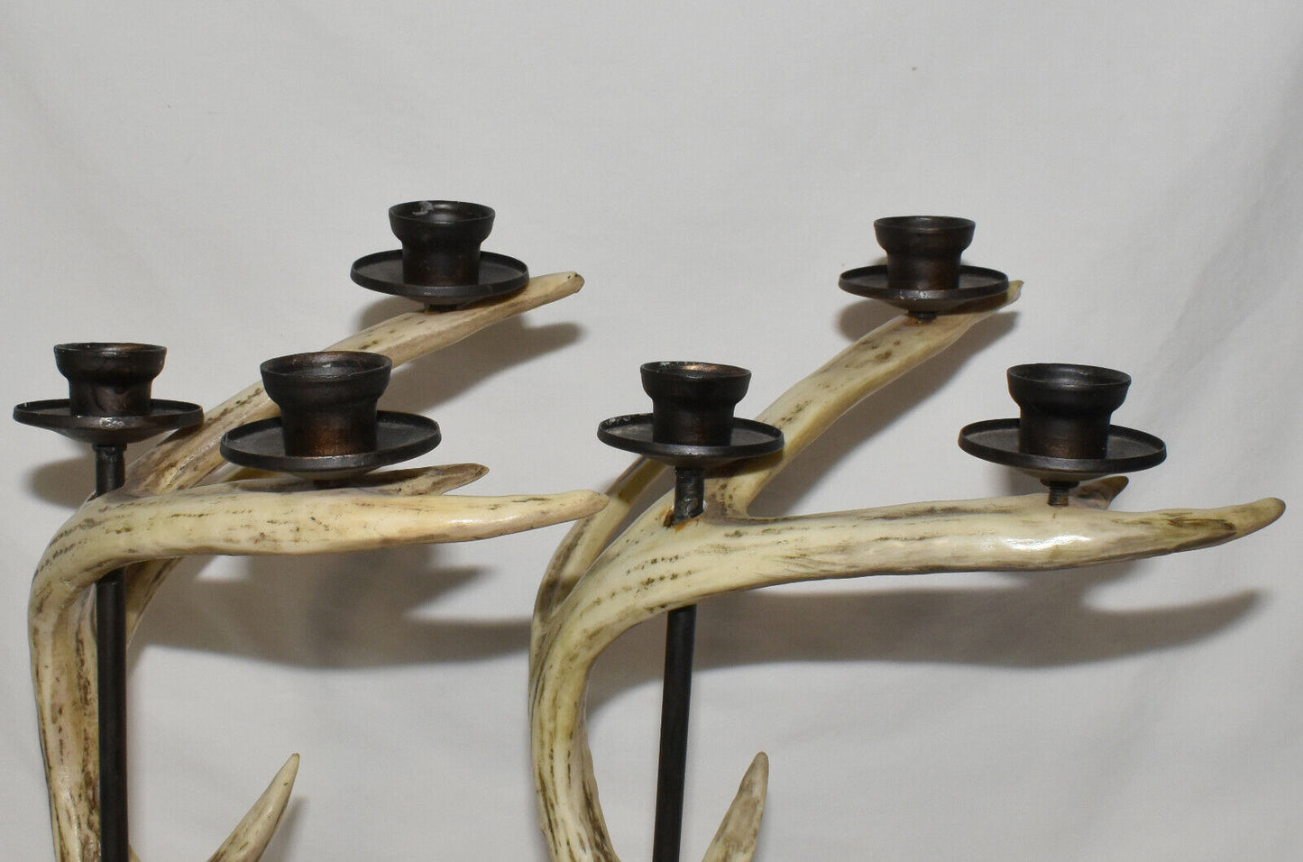 2 Vintage Antler Candelabras 3-Arm 14.5" Taper Candle Holders Stands Cast Resin