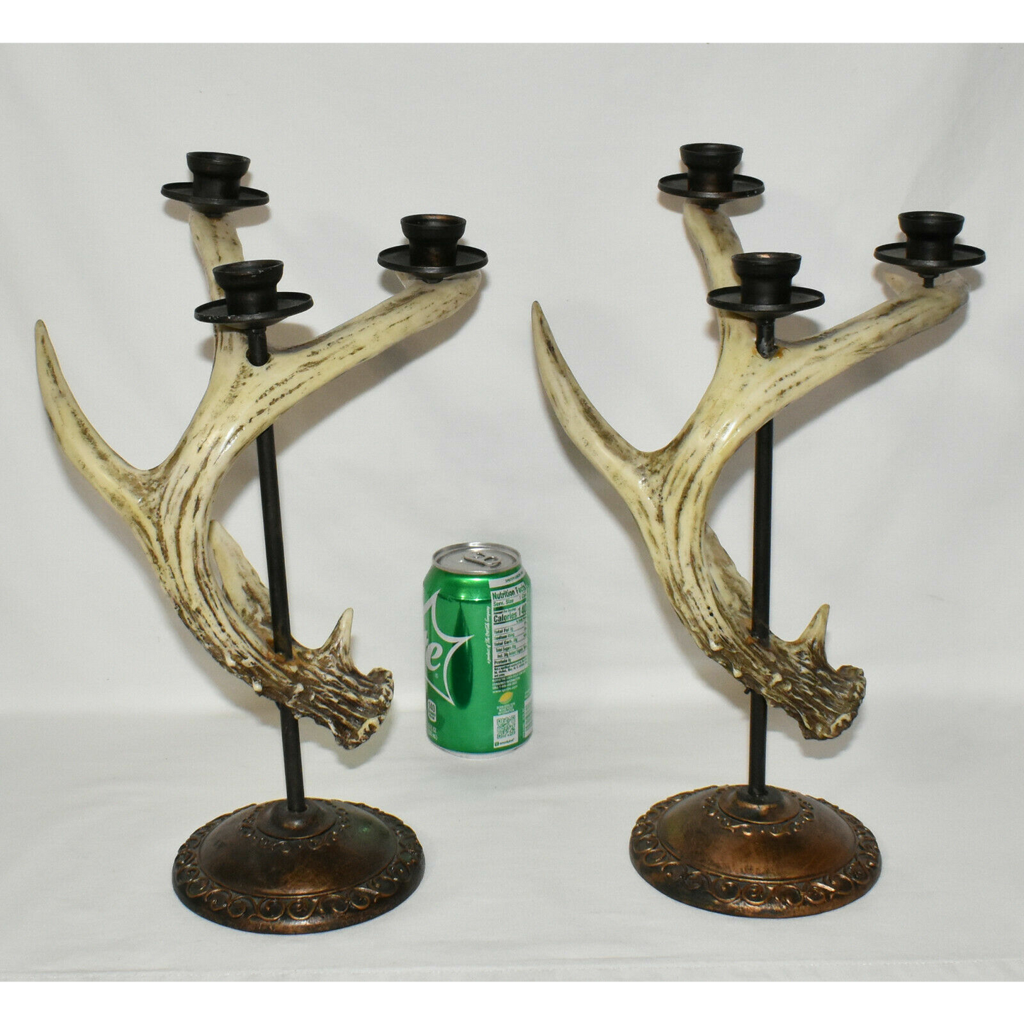 2 Vintage Antler Candelabras 3-Arm 14.5" Taper Candle Holders Stands Cast Resin