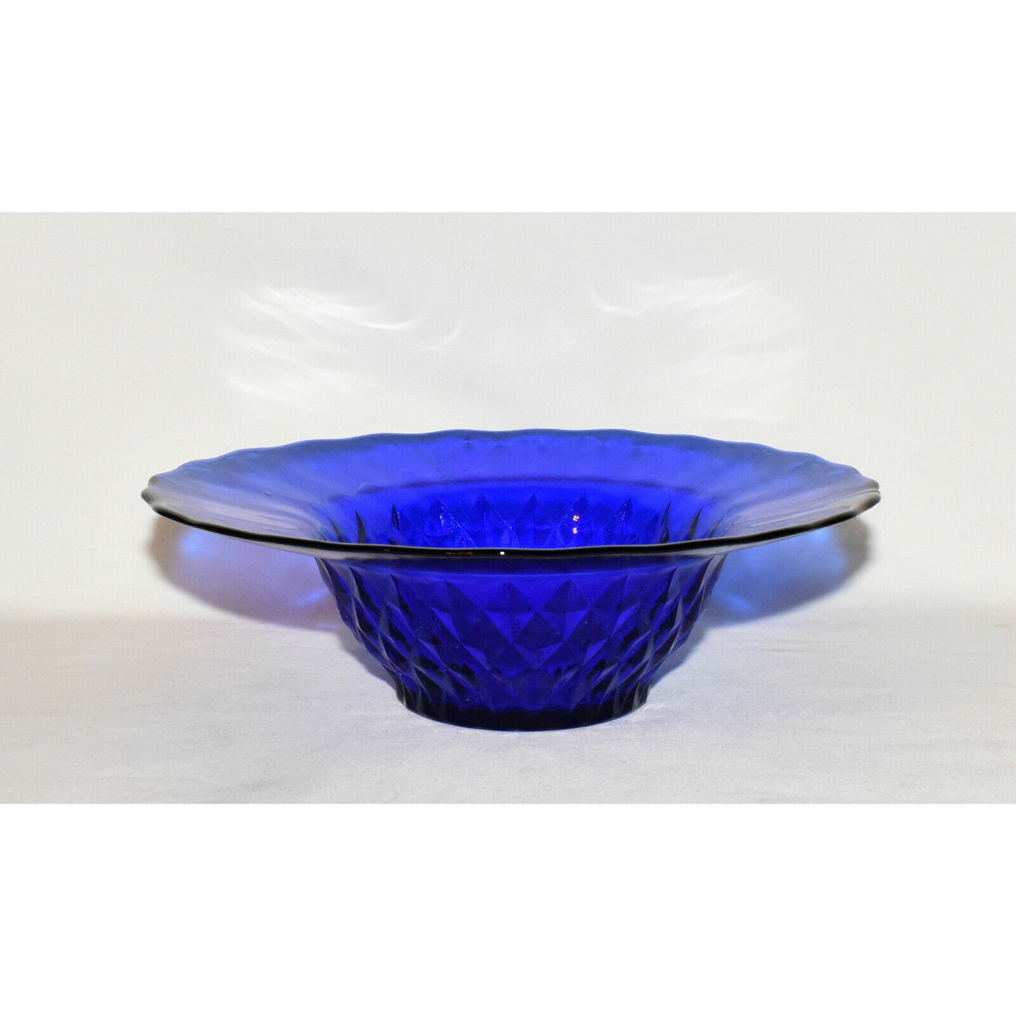 Vintage Cobalt Blue Glass Console Bowl 10" Art Glass Bowl w Diamond Cut Pattern