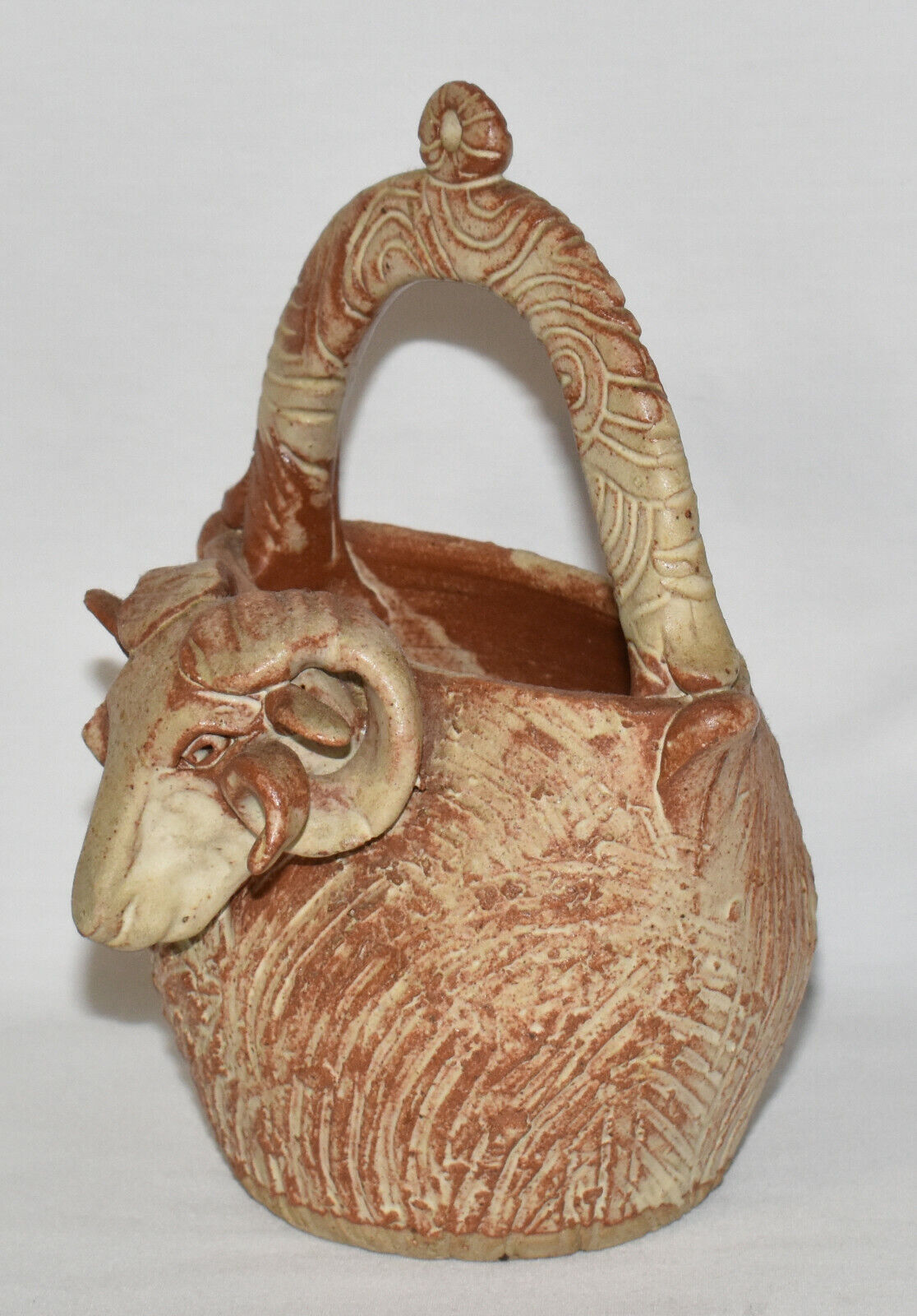 Vintage Terracotta Basket with Ram Head Hand Thrown Art Pottery Basket w Handle