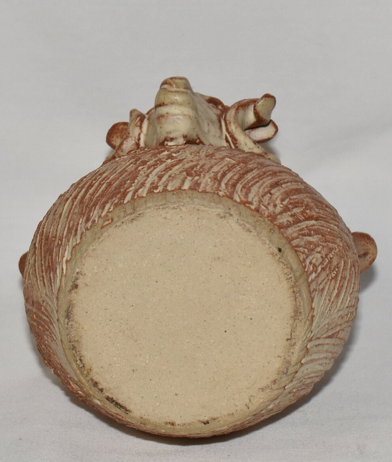 Vintage Terracotta Basket with Ram Head Hand Thrown Art Pottery Basket w Handle