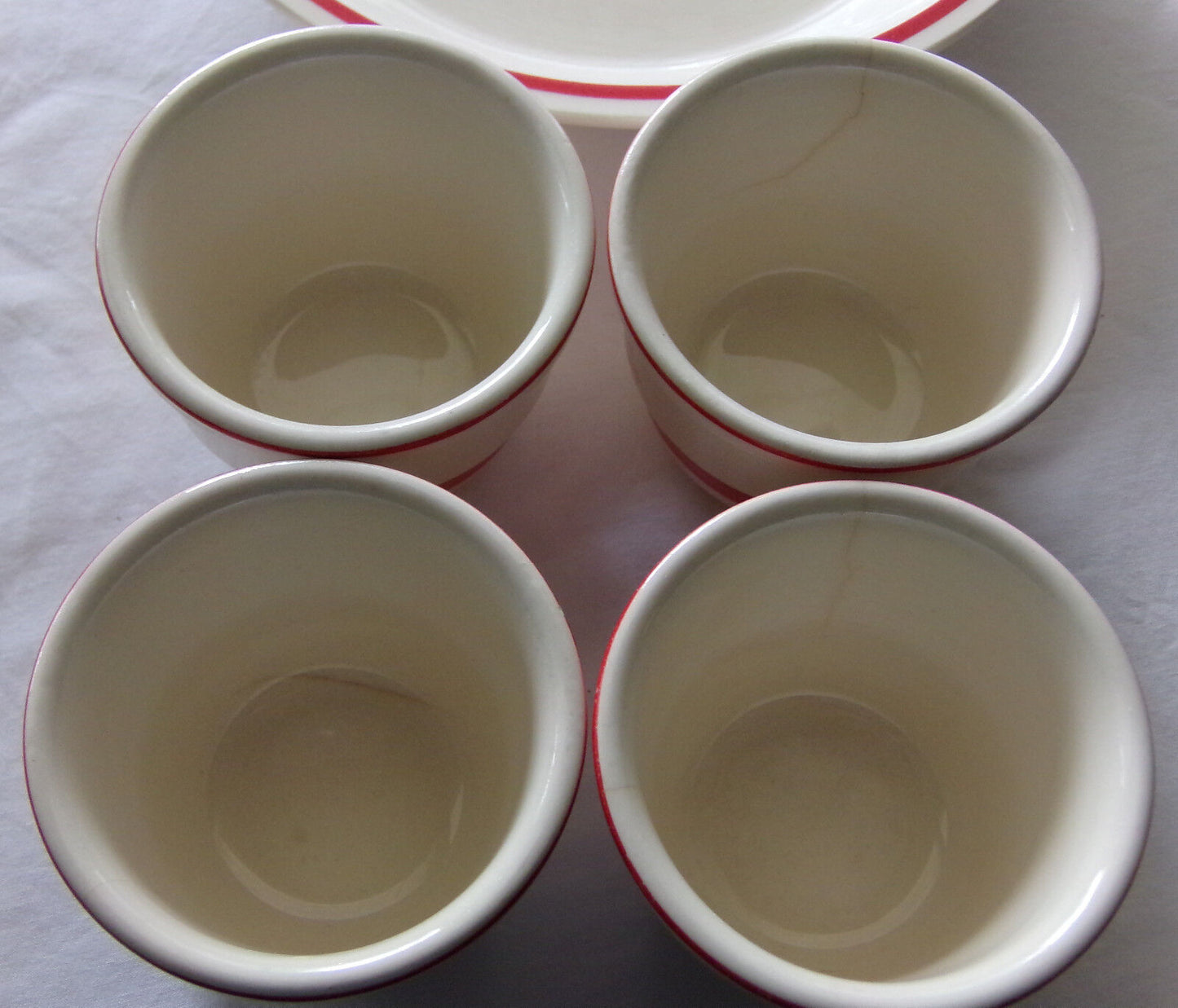 Vintage Red Stripe Bowl Custard Cups 5pcs Universal Potteries Inc Logo Mark USA