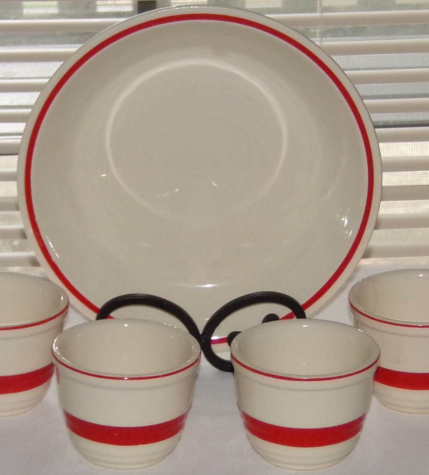 Vintage Red Stripe Bowl Custard Cups 5pcs Universal Potteries Inc Logo Mark USA