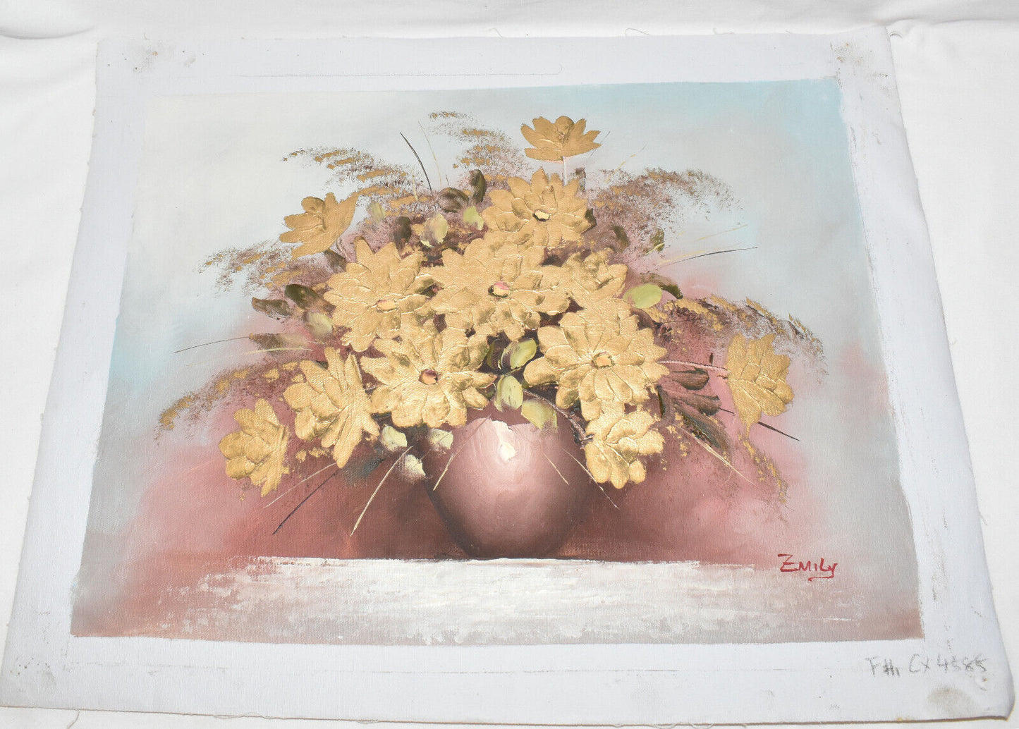 Original Oil on Canvas Still Life Gold Textured Flower Arrangement 19x15 Signed