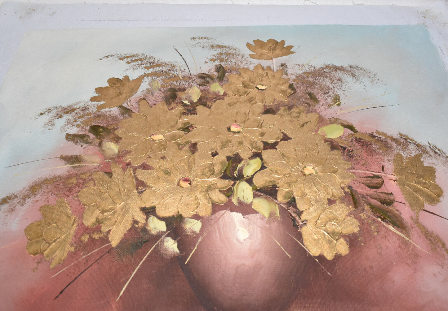Original Oil on Canvas Still Life Gold Textured Flower Arrangement 19x15 Signed