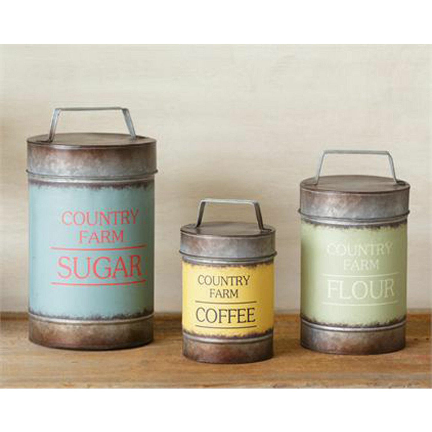 3pc Canister Set Sugar Flour Coffee Country Farm Metal Canisters Rustic Decor