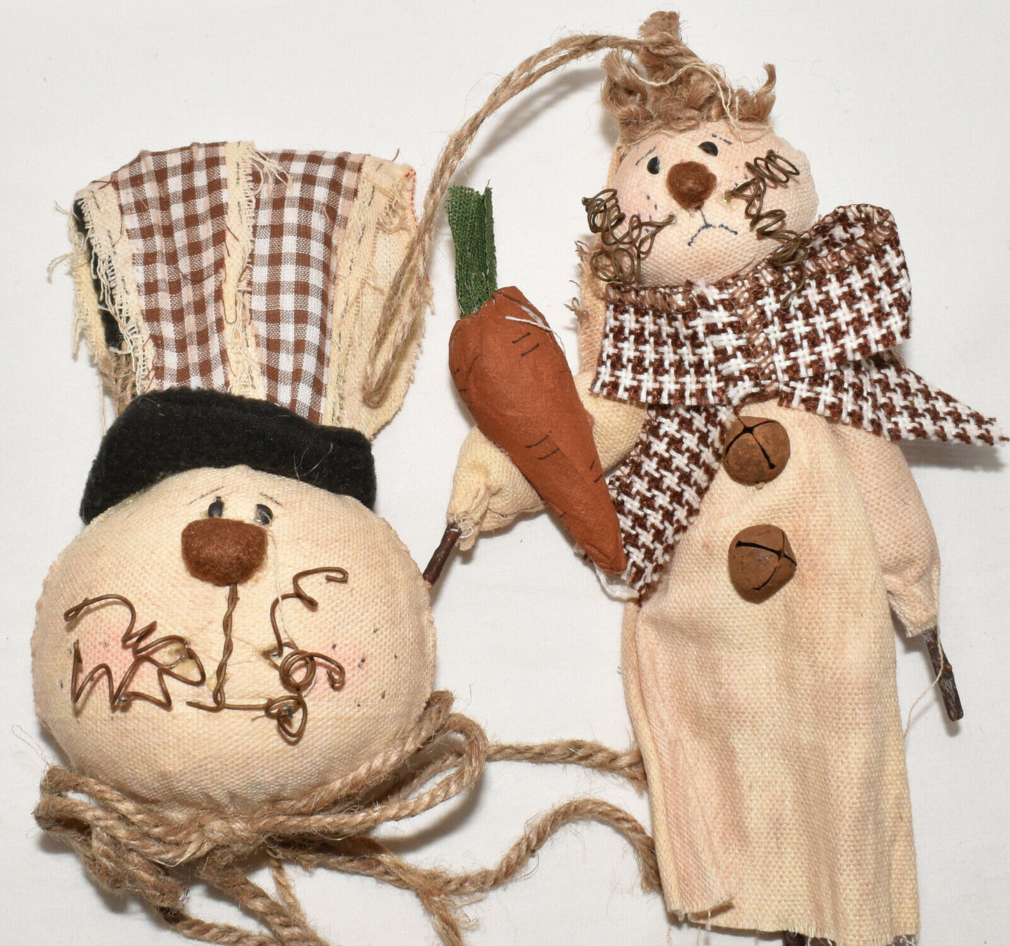 2 Handmade Easter Bunny Dolls Ornaments Easter Decor Cloth Wire Wood Twine New