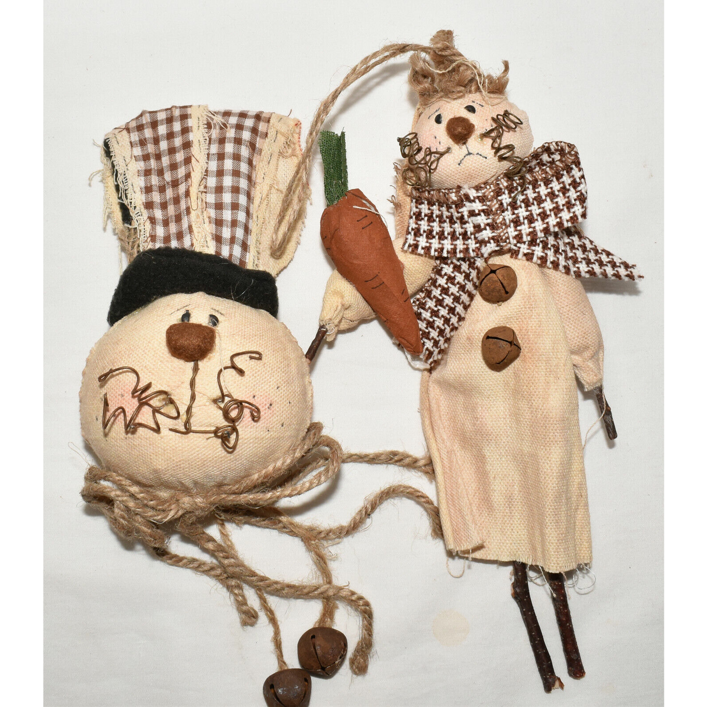 2 Handmade Easter Bunny Dolls Ornaments Easter Decor Cloth Wire Wood Twine New