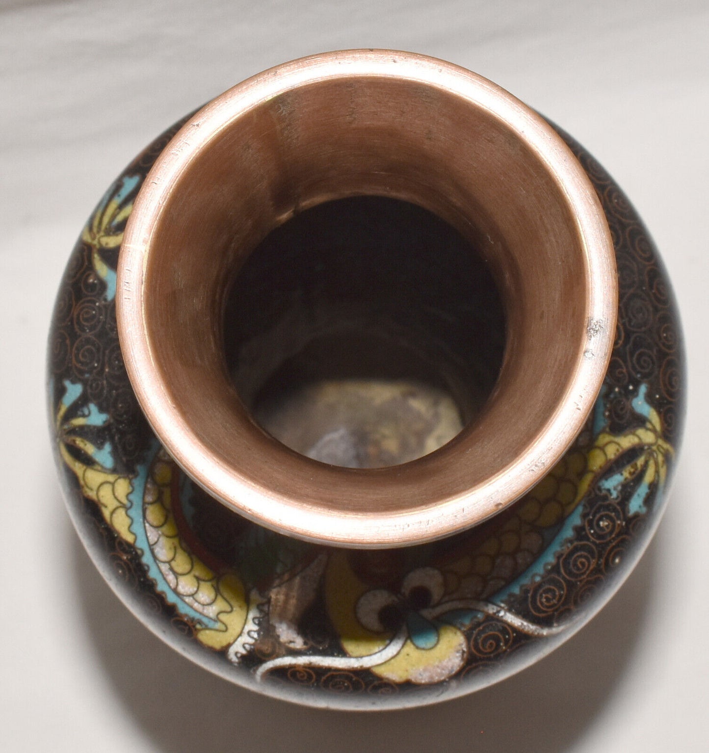 Vintage Chinese Cloisonne Dragon Vase on Stand Hand Painted Brass Enamel Vase