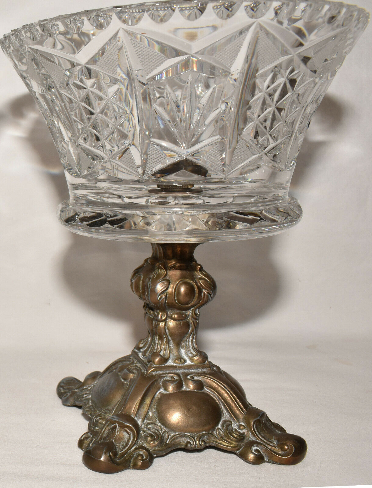 Pair American Brilliant Period Glass Compotes w Brass Base Cut Crystal Open Dish